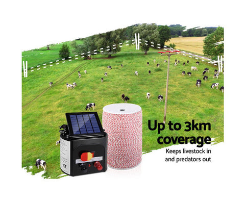 Giantz 3KM 5KM OR 8KM Solar Electric Fence Energiser Energizer 2000M Poly Fencing Wire Tape