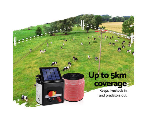 Giantz Electric Fence Energiser 3km, 5km,8km Solar Powered Energizer Set + 1200m or 2000m Tape