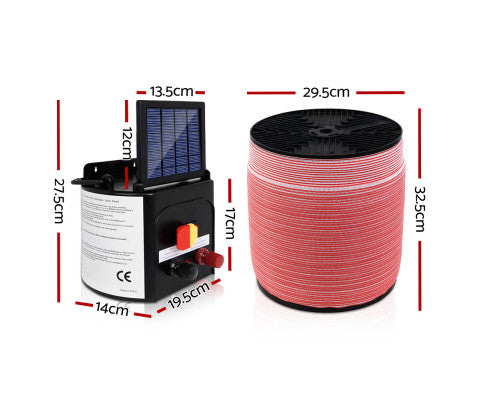 Giantz Electric Fence Energiser 3km, 5km,8km Solar Powered Energizer Set + 1200m or 2000m Tape