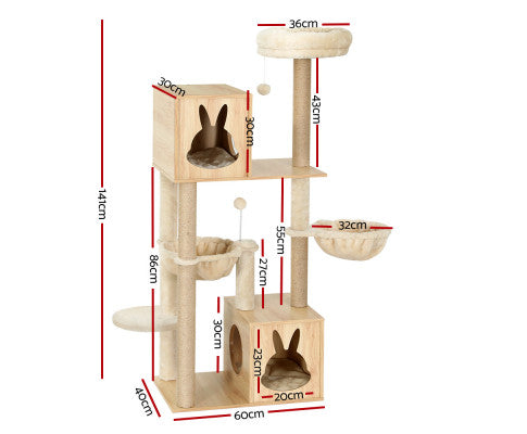 i.Pet Cat Tree Tower Scratching Post with Wood Bed Condo House 141cm
