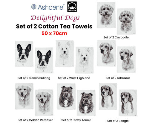 Set of 2 Delightful Dogs Cotton Kitchen Tea Towels