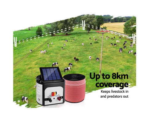 Giantz Electric Fence Energiser 3km, 5km,8km Solar Powered Energizer Set + 1200m or 2000m Tape