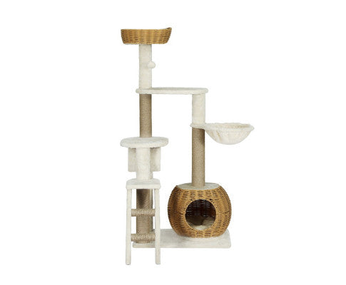 i.Pet Cat Tree 138cm Tower Scratching Post Scratcher with Wood Bed Condo House and Rattan Ladder