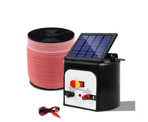 Giantz Electric Fence Energiser 3km, 5km,8km Solar Powered Energizer Set + 1200m or 2000m Tape