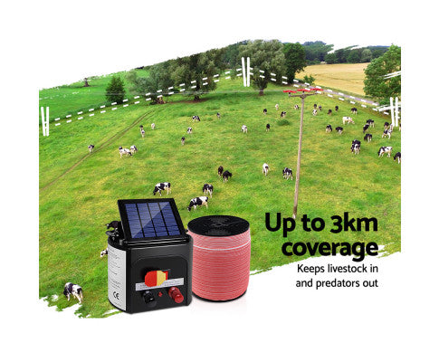 Giantz Electric Fence Energiser 3km, 5km,8km Solar Powered Energizer Set + 1200m or 2000m Tape