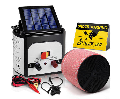 Giantz Electric Fence Energiser 3km, 5km,8km Solar Powered Energizer Set + 1200m or 2000m Tape