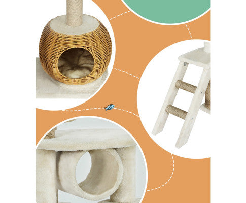i.Pet Cat Tree 138cm Tower Scratching Post Scratcher with Wood Bed Condo House and Rattan Ladder