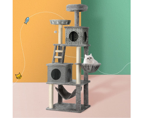 i.Pet Cat Tree 169cm Tower Scratching Post Scratcher with Wood Bed Condo House and Rattan Ladder