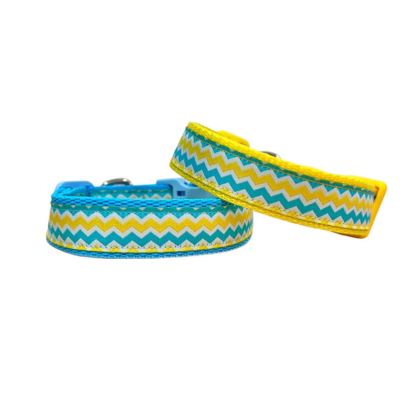 Blue & Yellow Waves Dog Collar - Hand Made by The Bark Side