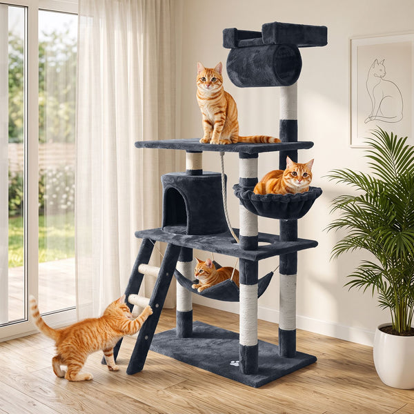 i.Pet Cat Tree 141cm Tower Scratching Post Scratcher Condo Wood House Bed Grey