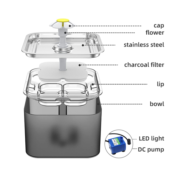 YES4PETS 3L Automatic Electric Pet Water Fountain Dog Cat Stainless Steel Dispenser Grey