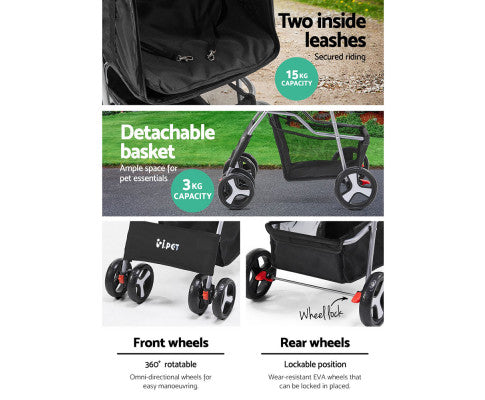 i.Pet 4 Wheel Pet Stroller - Black