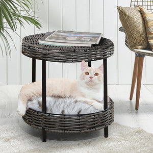 Rattan Pet Bed Elevated Raised Cat House Wicker Basket Kennel Table PaWz