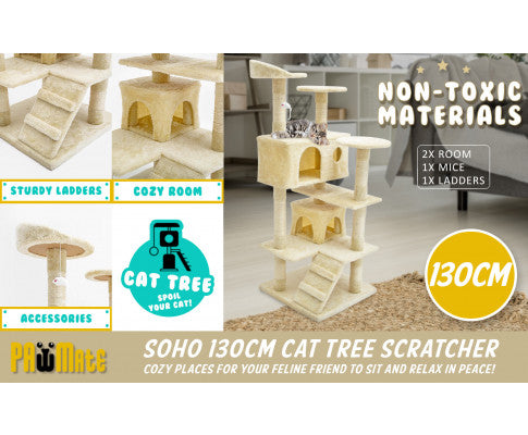 Paw Mate 130cm Beige Cat Tree Soho Multi Level Scratcher