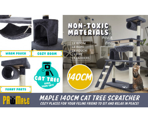 Paw Mate 140cm Grey Cat Tree Maple Multi Level Scratcher